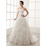 Ball-Gown Sweetheart Chapel Train Organza Satin Wedding Dress With Ruffle Crystal Brooch (002011547)