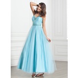 A-Line/Princess Halter Ankle-Length Tulle Prom Dress With Ruffle Beading (018005270)
