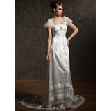 Sheath/Column Square Neckline Court Train Tulle Charmeuse Wedding Dress With Lace Beadwork Crystal Brooch (002012089)