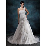 A-Line/Princess One-Shoulder Chapel Train Organza Satin Wedding Dress With Ruffle Lace Beadwork Flower(s) (002004545)