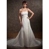 Empire Scalloped Neck Chapel Train Organza Satin Wedding Dress With Ruffle Lace Beadwork (002001323)