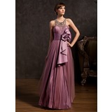 A-Line/Princess Scalloped Neck Floor-Length Tulle Charmeuse Holiday Dress With Ruffle Beading (020025843)