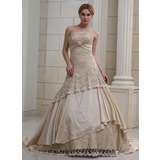 Ball-Gown Strapless Court Train Satin Lace Wedding Dress With Ruffle Crystal Brooch Sequins (002011382)