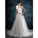 Ball-Gown One-Shoulder Court Train Satin Tulle Wedding Dress With Ruffle Beadwork (002011944)