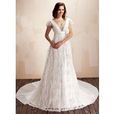 A-Line/Princess Square Neckline Watteau Train Chiffon Lace Wedding Dress With Ruffle Beadwork Flower(s) (002011929)