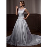Ball-Gown Scoop Neck Chapel Train Organza Satin Wedding Dress With Embroidery Beadwork (002011445)