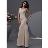 Sheath Scoop Neck Floor-Length Chiffon Tulle Prom Dress With Ruffle Beading Flower(s) (018022747)