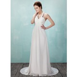 Empire Halter Court Train Chiffon Wedding Dress With Ruffle Beadwork (002011555)