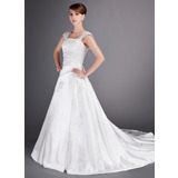 A-Line/Princess Court Train Satin Wedding Dress With Lace Beadwork (002012714)