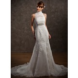 Mermaid High Neck Court Train Satin Tulle Wedding Dress With Lace Beadwork (002001234)