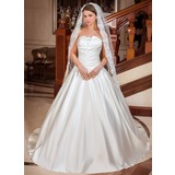 Ball-Gown Scalloped Neck Chapel Train Satin Wedding Dress With Ruffle (002012697)
