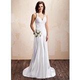 Sheath/Column Halter Sweep Train Charmeuse Wedding Dress With Ruffle Lace (002012054)