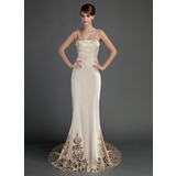 Sheath/Column Chapel Train Charmeuse Wedding Dress With Lace (002015727)