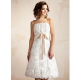 A-Line/Princess Scalloped Neck Tea-Length Satin Lace Wedding Dress With Ruffle Sashes (002011527)