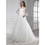 Ball-Gown Square Neckline Cathedral Train Satin Tulle Wedding Dress With Lace (002015458)