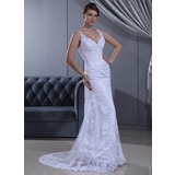 Sheath/Column V-neck Sweep Train Satin Lace Wedding Dress With Ruffle Beadwork (002011630)