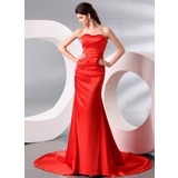 Sheath Sweetheart Court Train Charmeuse Evening Dress With Ruffle (017013995)