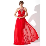 A-Line/Princess Scoop Neck Sweep Train Chiffon Prom Dress With Ruffle Beading (018021090)