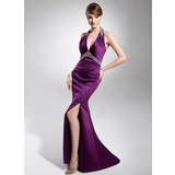 Sheath Halter Sweep Train Satin Evening Dress With Ruffle Beading Sequins (017014679)