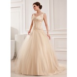Ball-Gown V-neck Court Train Satin Tulle Wedding Dress With Lace Beadwork (002012825)