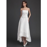 A-Line/Princess Strapless Asymmetrical Satin Tulle Wedding Dress With Ruffle Lace Beadwork Sequins (002011491)