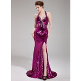 Mermaid Halter Sweep Train Sequined Prom Dress With Beading (018019684)