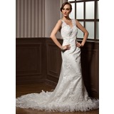 Mermaid V-neck Chapel Train Satin Tulle Wedding Dress With Lace Beadwork (002011605)