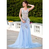 Mermaid Scoop Neck Court Train Tulle Charmeuse Prom Dress With Beading Appliques Flower(s) Sequins (018024584)