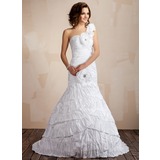Mermaid One-Shoulder Sweep Train Taffeta Wedding Dress With Ruffle Beadwork Flower(s) (002021814)