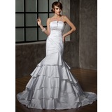 Mermaid Scalloped Neck Court Train Satin Wedding Dress With Ruffle Beadwork (002012158)