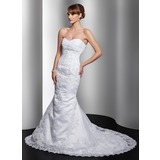 Mermaid Sweetheart Chapel Train Satin Tulle Wedding Dress With Lace Beadwork (002011967)