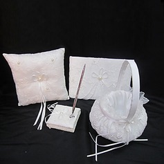 Wedding Collection Set In White Satin With Exquisite Embroidery Covery And Faux Pearl (4 Pieces)(100017982)