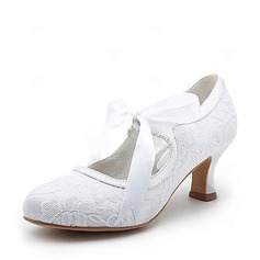 Satin Spool Heel Closed Toe Pumps Wedding Shoes With Ribbon Tie (047004932)