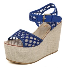 Fabric Wedge Heel Peep Toe Platform Slingbacks Sandals Pumps With Buckle (085025160)