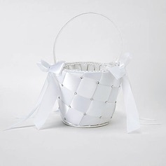 Flower Girl Basket In White Satin With Ribbon and Rhinestones(102018046)