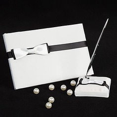 Black & White Wedding Guest Book And Pen Set With Ribbon Bow(101018177)