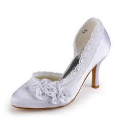 Satin Stiletto Heel Closed Toe Pumps Wedding Shoes With Rhinestone Satin Flower Stitching Lace (047005347)