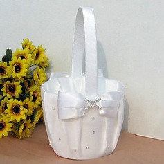 Flower Basket In White Satin With Ribbon Bow And Rhinestone(102018040)