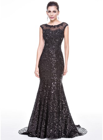 Forme Sirène/Trompette Col rond Traîne moyenne Pailleté Robe de soirée avec Emperler Motifs appliqués