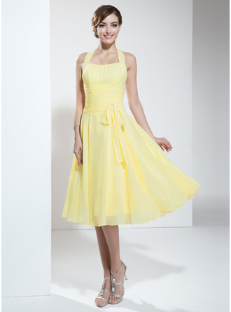 Halter Empire Knee-length Chiffon Bridesmaid Dress With Ruffle Bow(s)