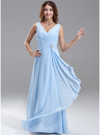 Chiffon V-neck Floor-length A-Line Bridesmaid Dress With Crystal Brooch And Cascading Ruffles