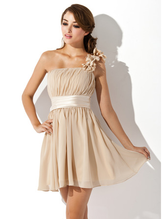 A-Line/Princess One-Shoulder Short/Mini Chiffon Bridesmaid Dress With Ruffle Flower(s) Bow(s) 