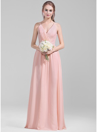 A-Line/Princess V-neck Floor-Length Chiffon Bridesmaid Dress With Ruffle 
