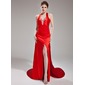 Sheath V-neck Watteau Train Charmeuse Evening Dress With Ruffle Beading (017004347)