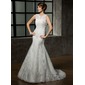 Mermaid V-neck Court Train Satin Tulle Wedding Dress With Lace Beadwork (002011589)
