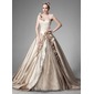 Ball-Gown One-Shoulder Chapel Train Satin Lace Wedding Dress With Ruffle Beadwork Flower(s) (002004515)