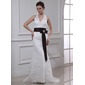 Sheath/Column Halter Sweep Train Satin Lace Wedding Dress With Sashes Crystal Brooch (002000430)