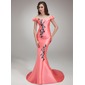 Mermaid Off-the-Shoulder Court Train Satin Prom Dress With Beading Appliques (018018817) Mermaid Off-the-Shoulder Court Train Satin Prom Dress With Beading Appliques (018018817)