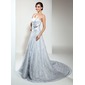 A-Line/Princess Strapless Chapel Train Satin Lace Wedding Dress With Beadwork (002000173)