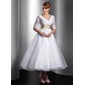 A-Line/Princess V-neck Ankle-Length Satin Tulle Wedding Dress With Lace Sashes Beadwork (002014739)